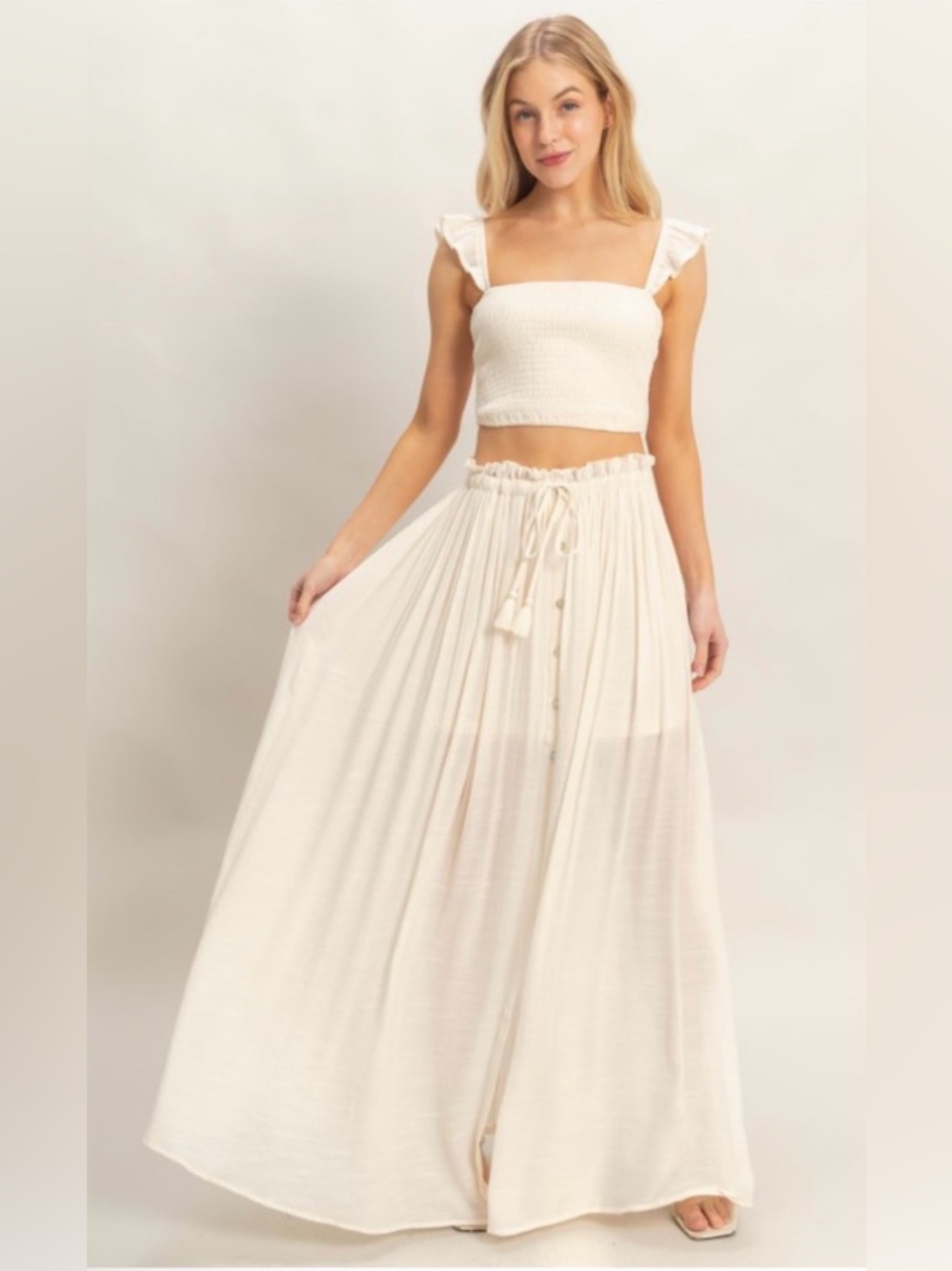 273. Smocked Top Cream Maxi Button-Front Skirt set - Picture 4 of 5